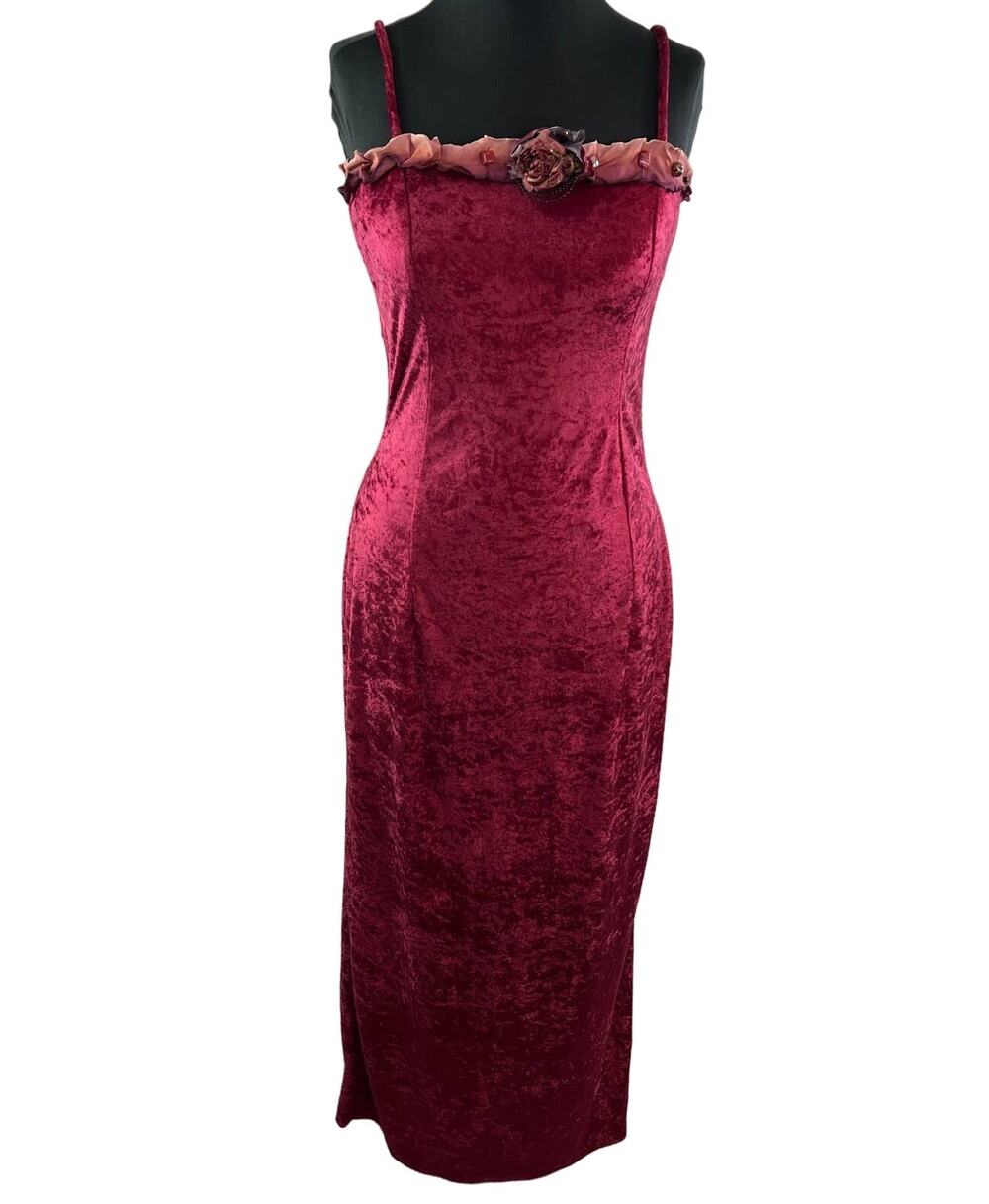 VINTAGE Lorrie Kabala Red Victorian Straight Velvet Velour Rose Maxi Dress 8